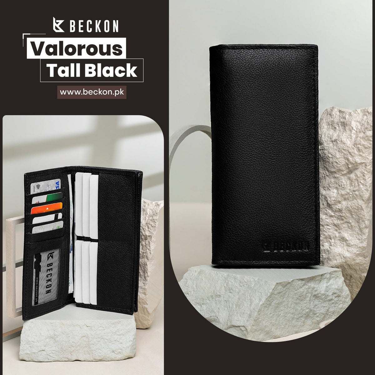 Valorous Tall Elite Black Genuine Leather Long Wallet | 12 Card Slots, Cash & Zipper Pockets